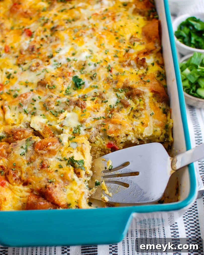 Hearty Egg Sausage Casserole on a white plate, ready for breakfast or brunch.
