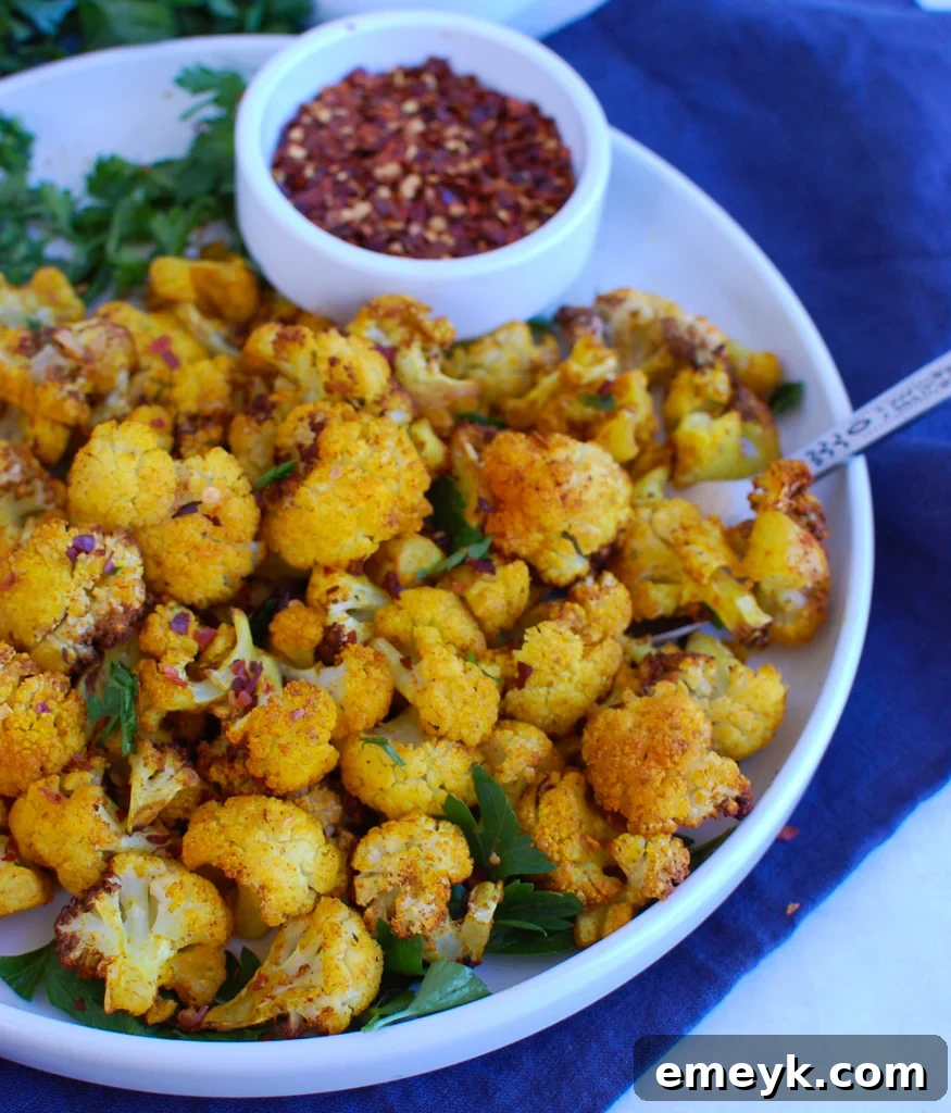 Perfectly Crispy Air-Fried Cauliflower 4 Close-up of golden brown air fryer cauliflower on a round white plate