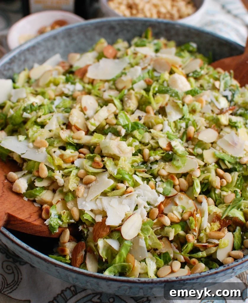 Shaved Brussels Sprouts Salad in a blue bowl