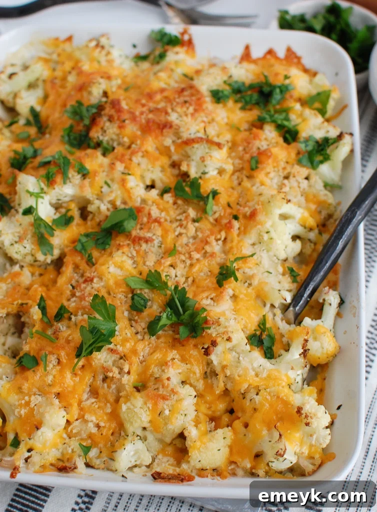 Close-up of a bubbling, golden Cauliflower Gratin in a white baking dish, ready to be served.