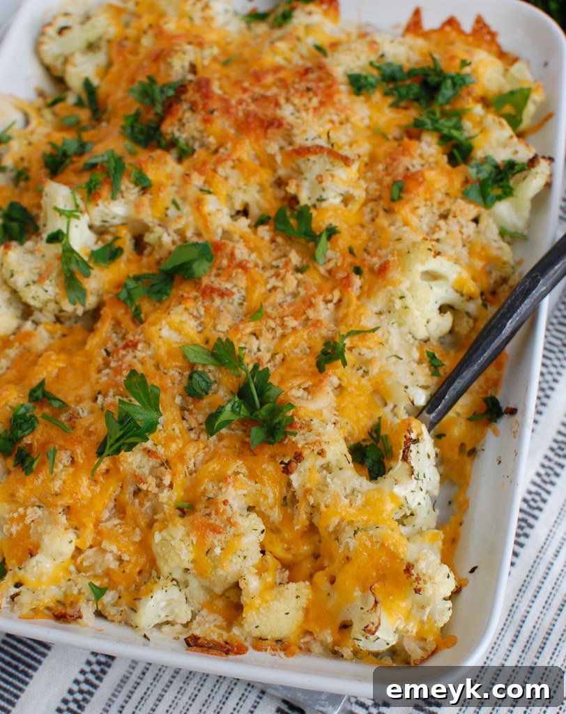 Cauliflower Gratin served with a spoon, highlighting its warm, comforting appeal and golden crust.