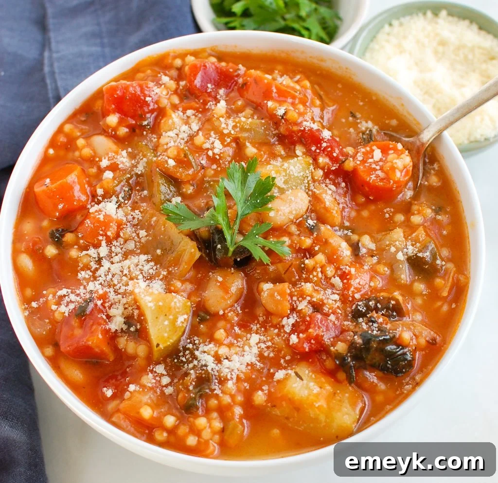 Vegetable Soup with Cabbage in a bowl on a blue napkin