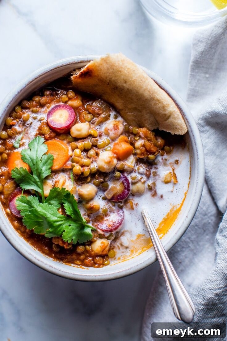 Moroccan Lentil Chickpea Stew garnished with fresh cilantro.