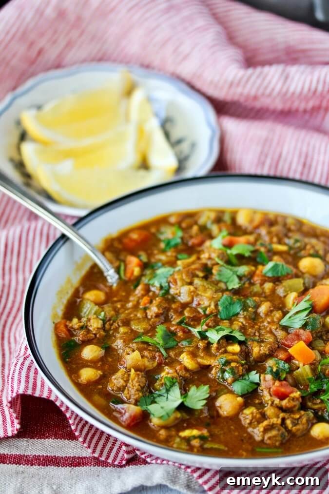 Moroccan Lamb, Chickpea, and Lentil Soup (Harira) in a bowl.