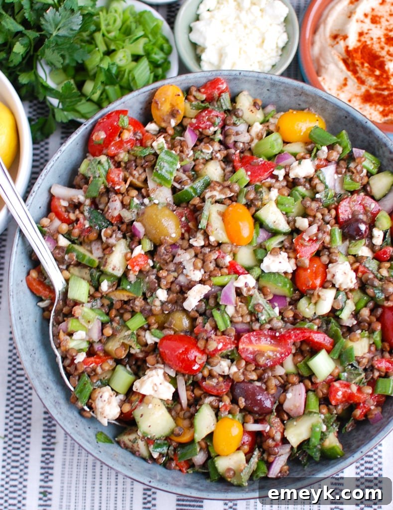 Mediterranean Lentil Salad in a blue bowl with silver spoon 