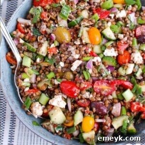 Mediterranean Lentil Salad in a bowl with a spoon