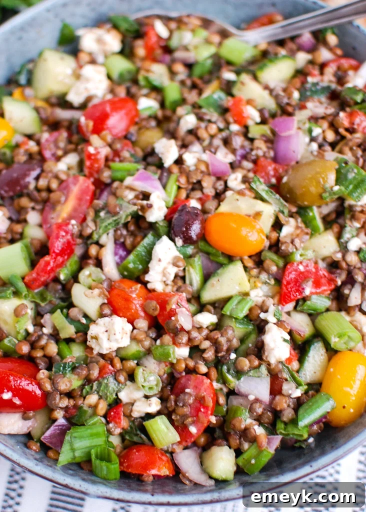 Mediterranean Lentil Salad with spoon