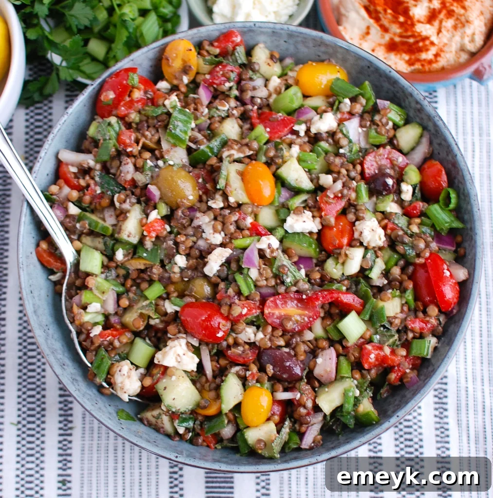 Mediterranean Lentil Salad with spoon
