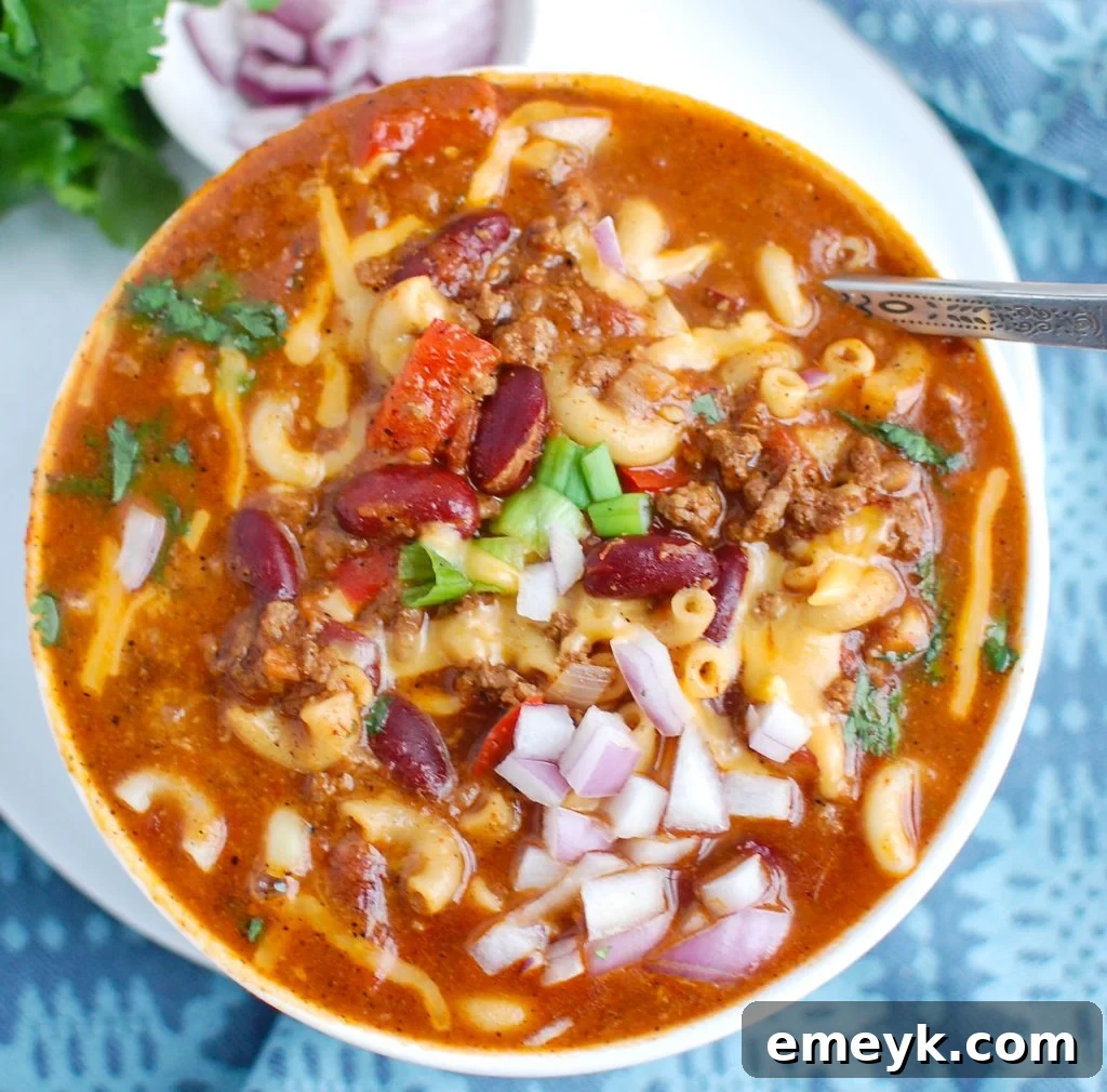 Instant Pot Chili Mac with red onions and toppings
