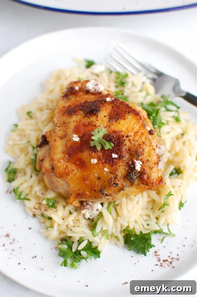 Golden-brown Mediterranean Chicken thighs garnished with fresh parsley on a serving platter, accompanied by lemon parsley orzo.