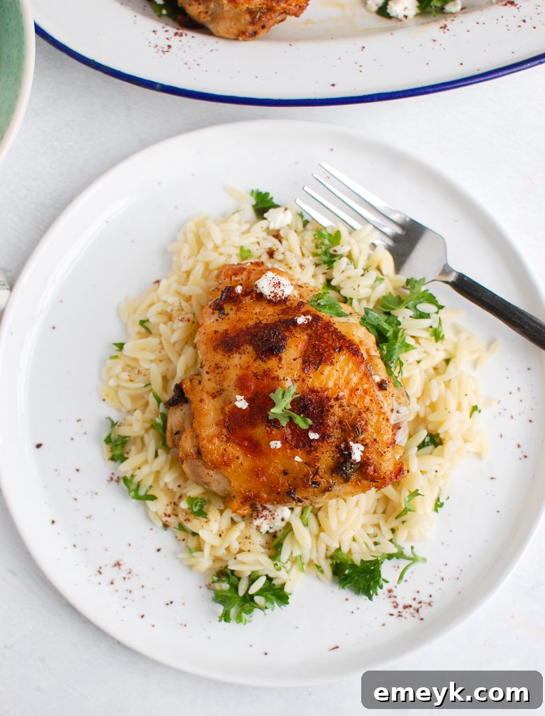 Close-up of Mediterranean Chicken served on a pristine white plate, showcasing the crispy skin and tender meat.