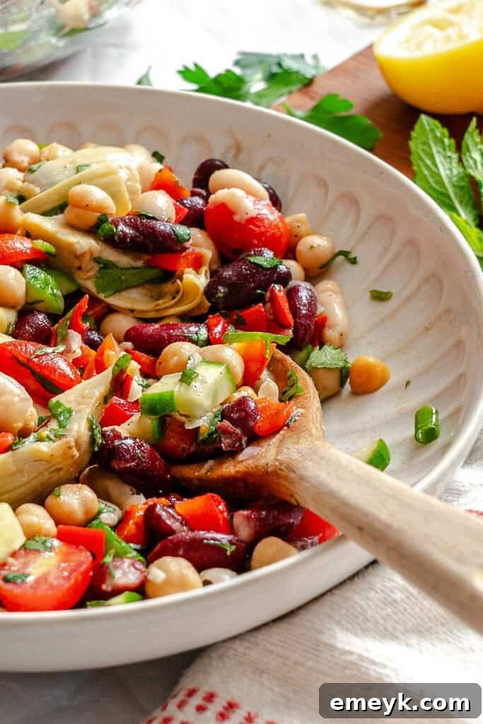 Mediterranean Three Bean Salad in a bowl, showcasing vibrant colors and fresh ingredients