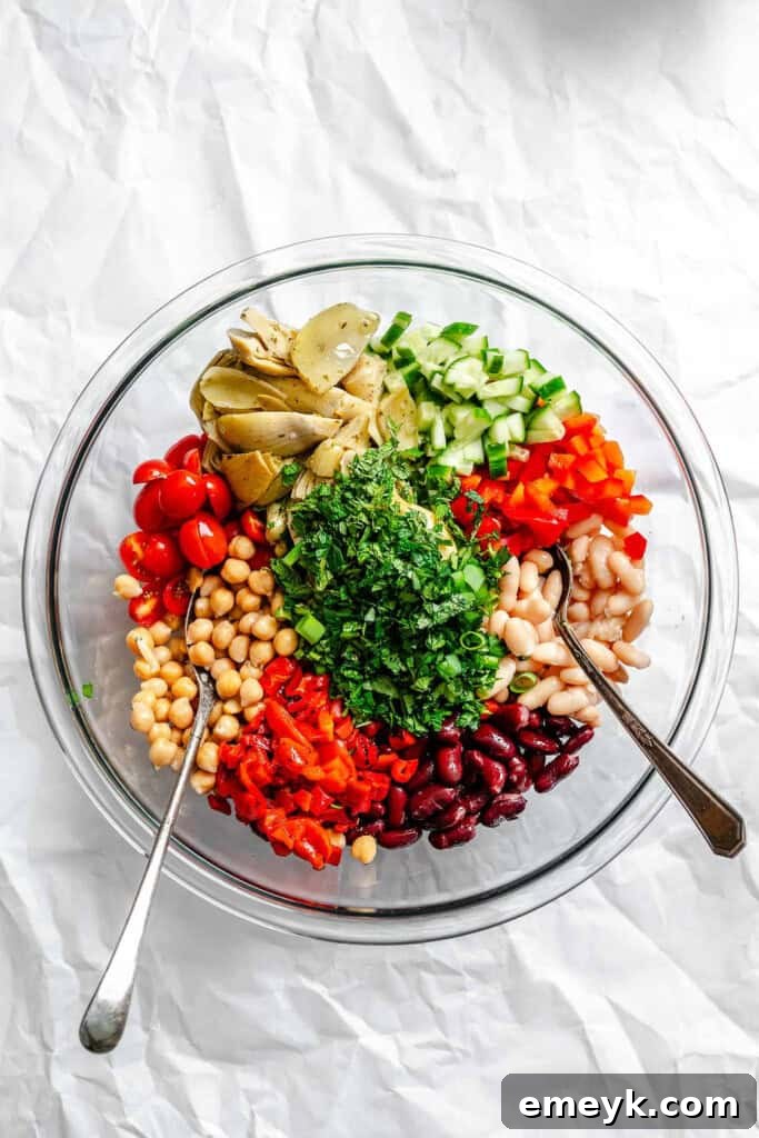 Mixing bowl with all the bean salad ingredients before dressing