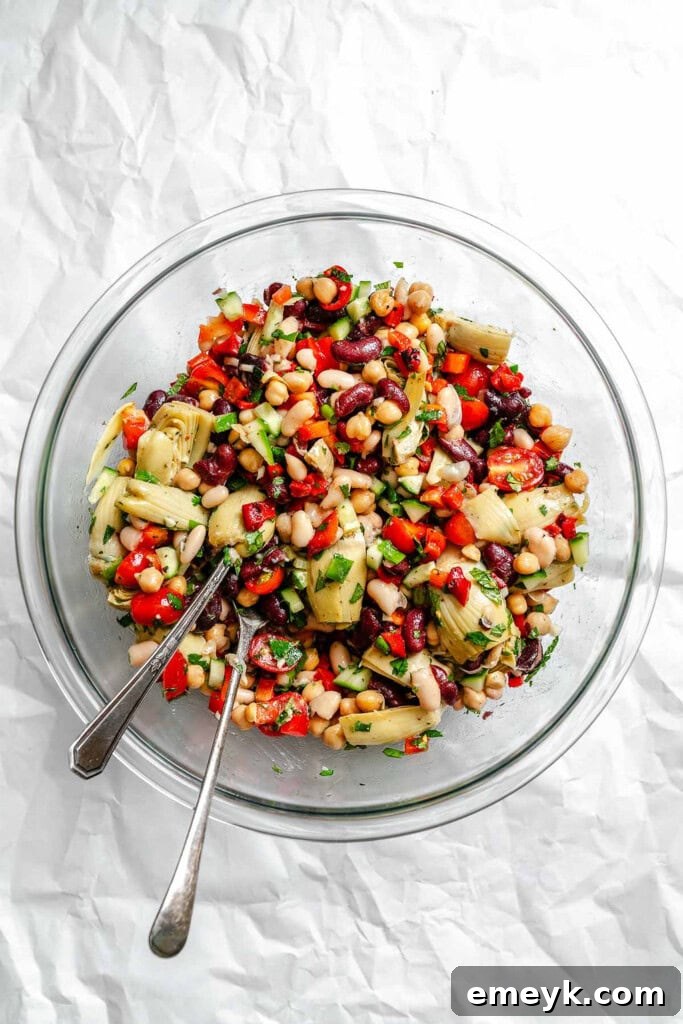 Freshly prepared Mediterranean Three Bean Salad in a large serving bowl
