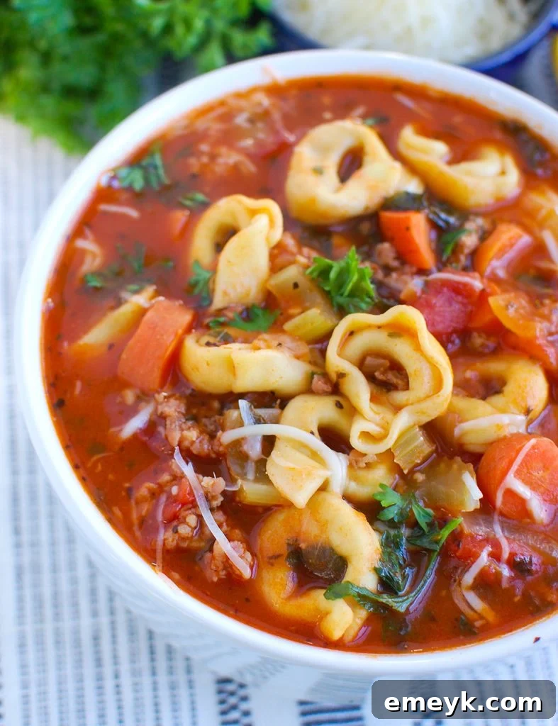A close-up shot of Tortellini Sausage Soup in a white bowl, showcasing the rich texture of the tortellini, crumbled sausage, and colorful vegetables.