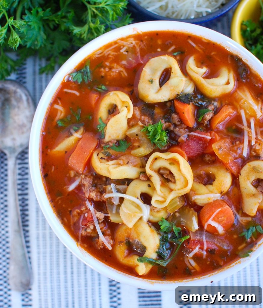 A bowl of Tortellini Sausage Soup garnished with fresh parsley and grated Parmesan cheese, ready for serving.
