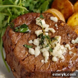 Beef Tenderloin Steaks with Creamy Blue Cheese Sauce, perfectly plated.