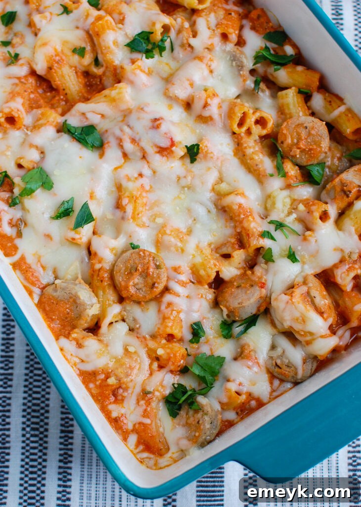 Italian Sausage Pasta Bake in a baking dish, fresh out of the oven