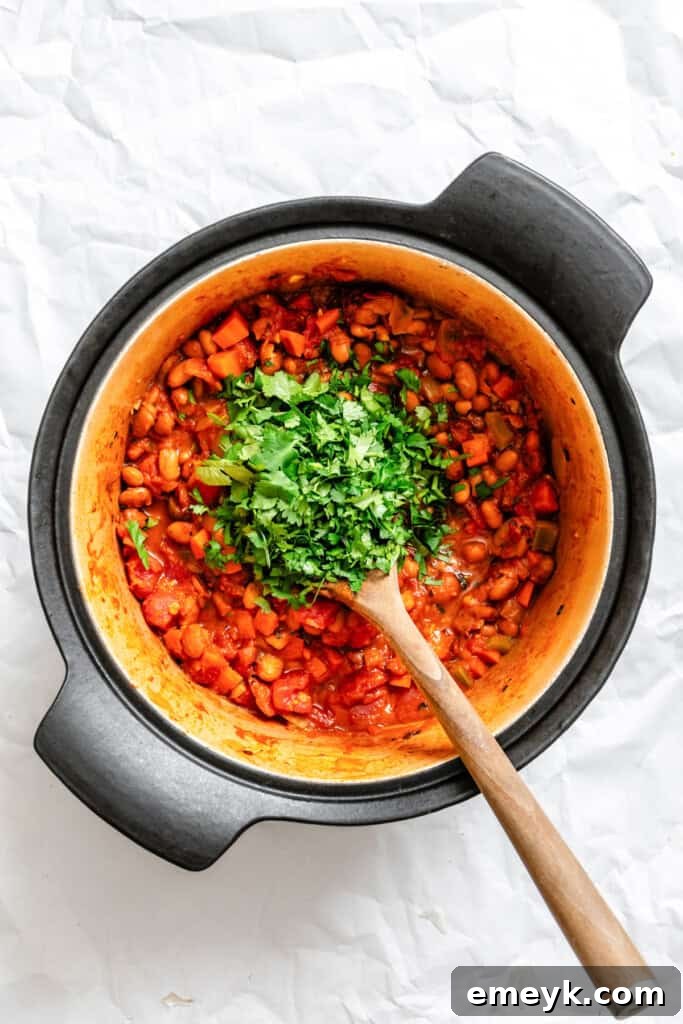 Close-up of Homemade Vegetarian Chili garnished with fresh cilantro