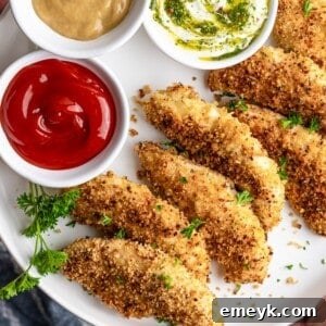 Crispy baked chicken fingers on a white plate, golden brown and ready to serve with three dipping sauces.