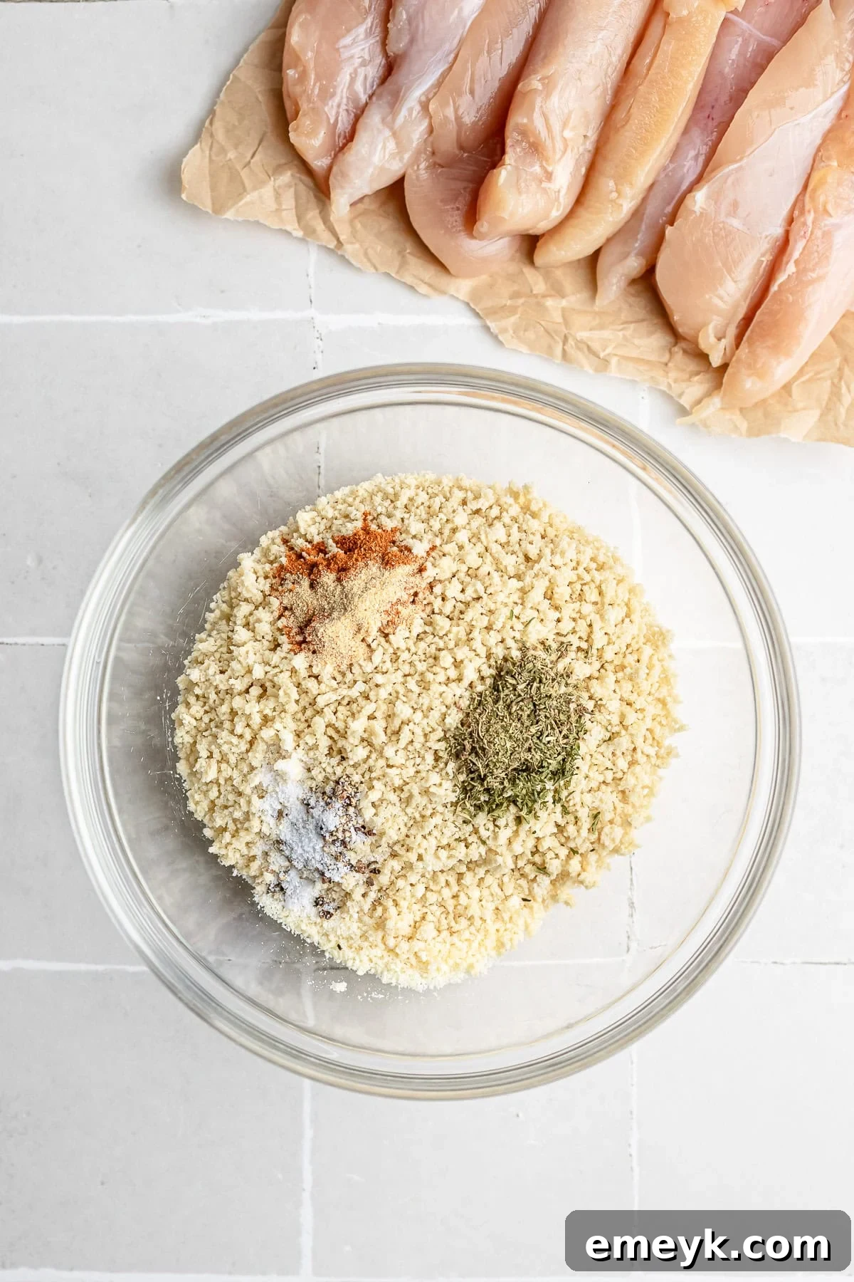 Perfectly Crispy Baked Chicken Tenders 4 Mixing panko, Parmesan, and spices for chicken tenders