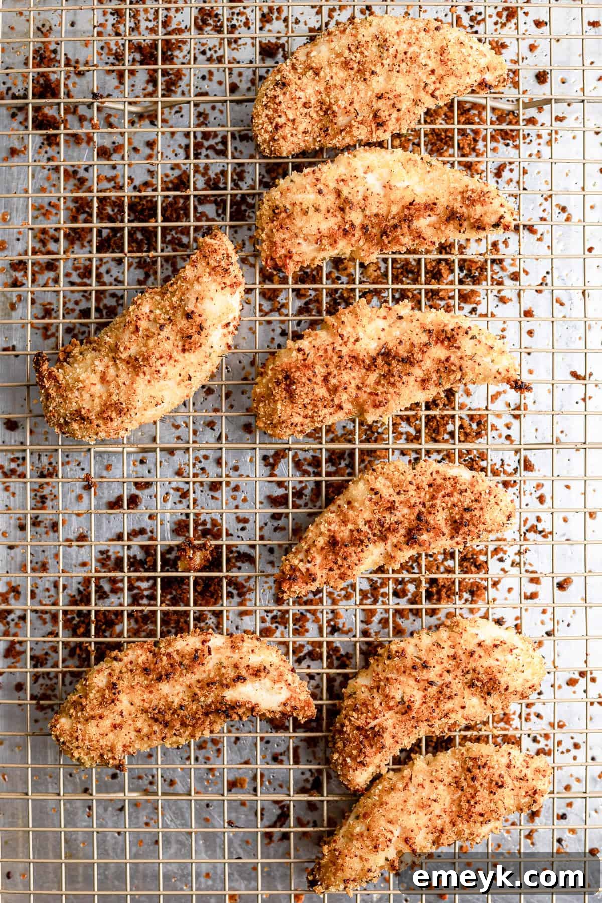 Perfectly Crispy Baked Chicken Tenders 7 Baked chicken tenders cooling on a wire rack, golden and crispy.