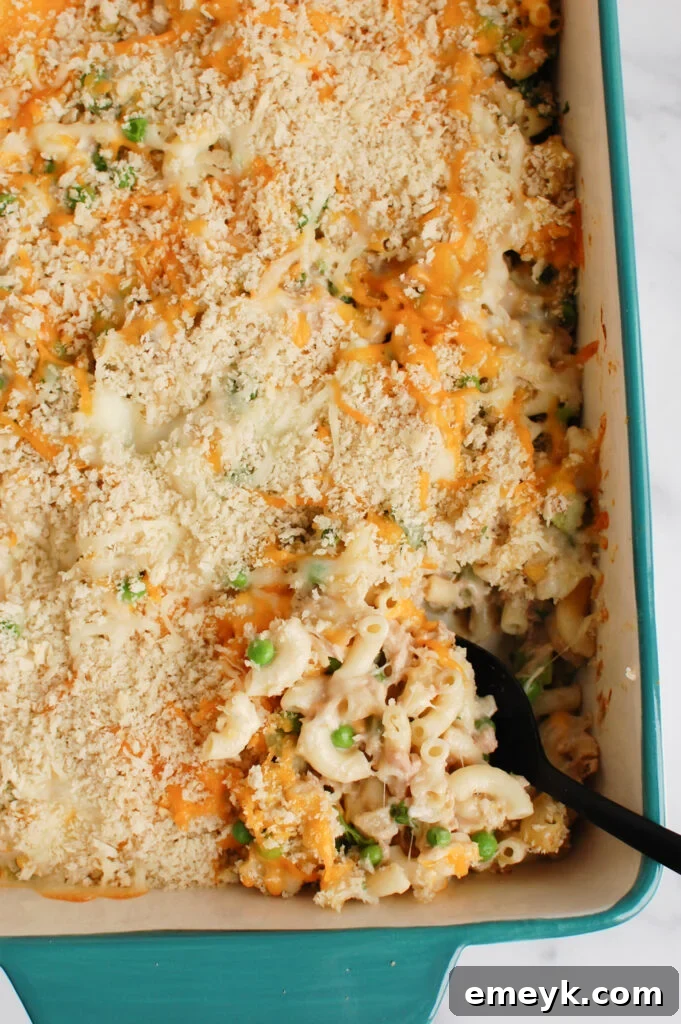 Easy Tuna Noodle Casserole in baking dish, ready to be served