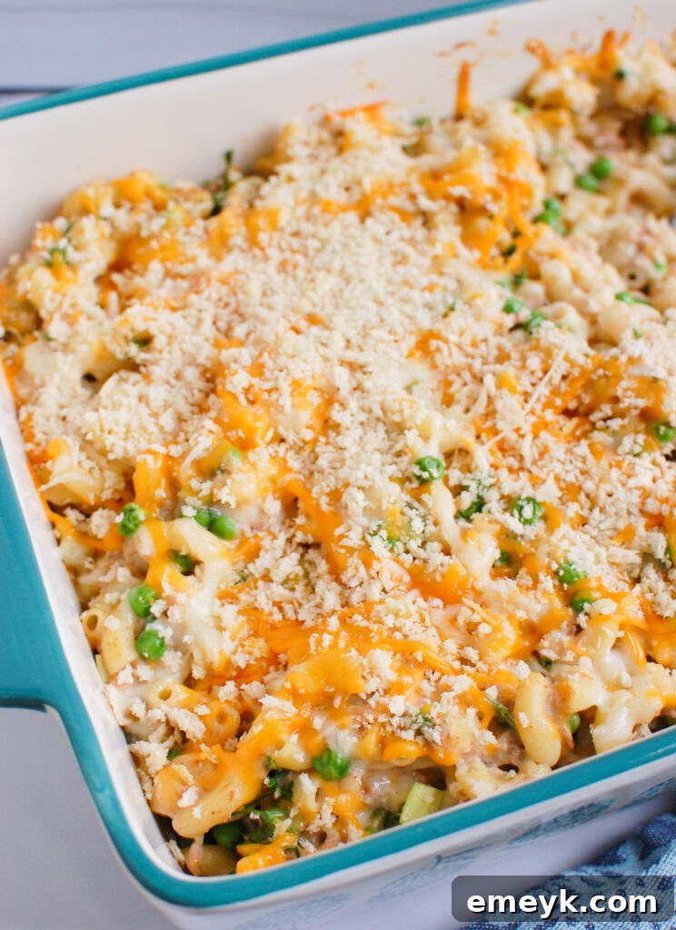 Easy Tuna Noodle Casserole in baking dish with golden topping