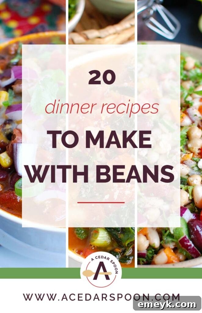 A vibrant collage showcasing 20 diverse dinner recipes featuring different types of beans, including hearty chilis, refreshing salads, comforting soups, and flavorful pasta dishes, all made with convenient canned beans for easy family meals.