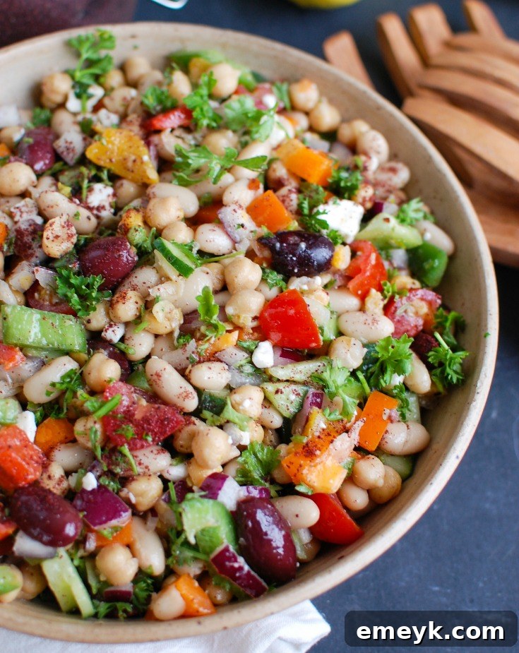 Colorful Mediterranean Bean Salad with feta cheese and olives