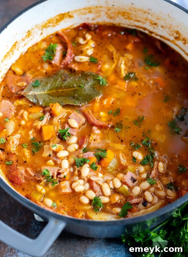 Comforting Ham and Bean Soup in a bowl with a spoon