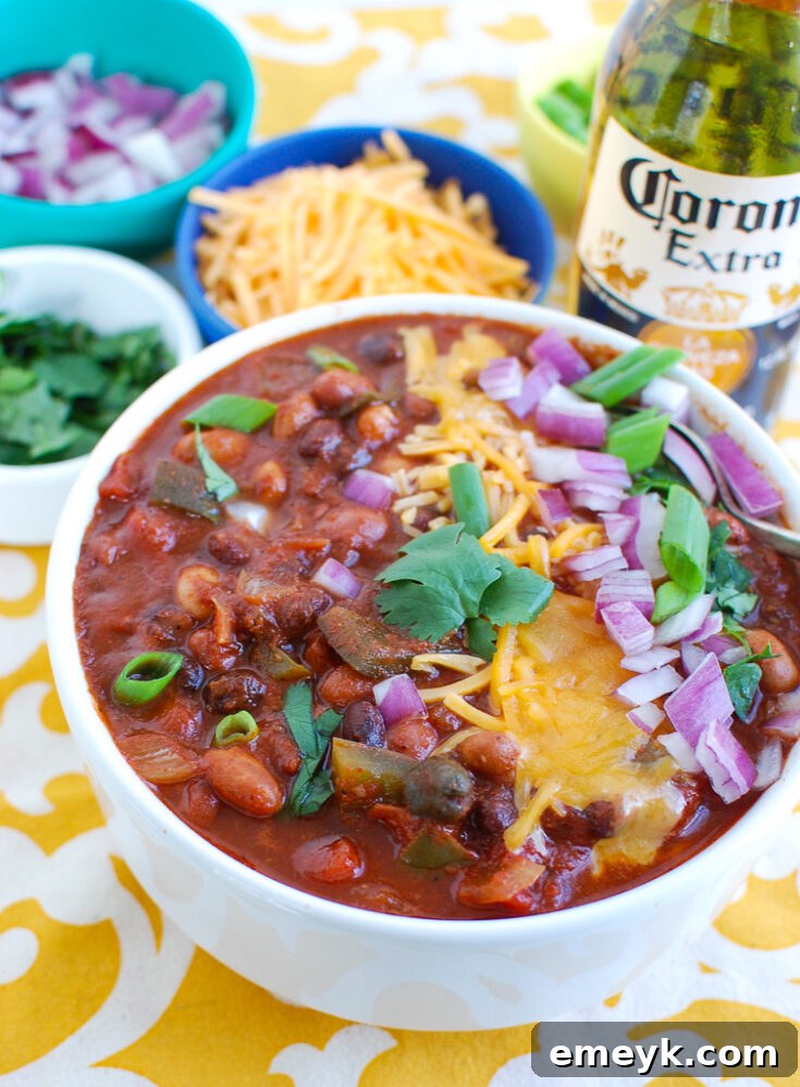 A richly colored Slow Cooker Vegetarian Chili in a bowl