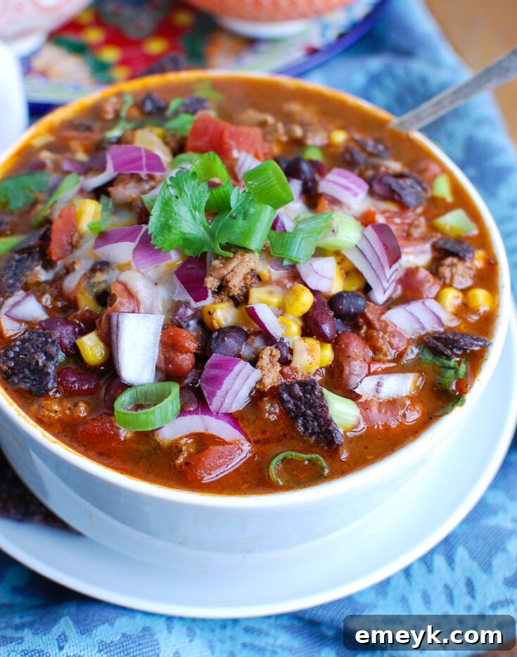 A bowl of savory Instant Pot Turkey Chili with toppings