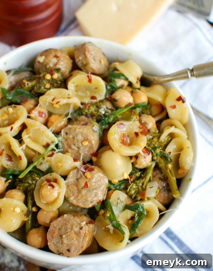 One Pot Orecchiette with Sausage and Broccoli in a large pan