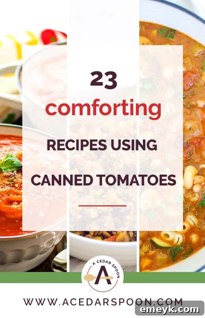 A vibrant collage of 23 comforting dishes made with canned tomatoes, including various soups, pasta meals, and casseroles, showcasing the versatility of this pantry staple.