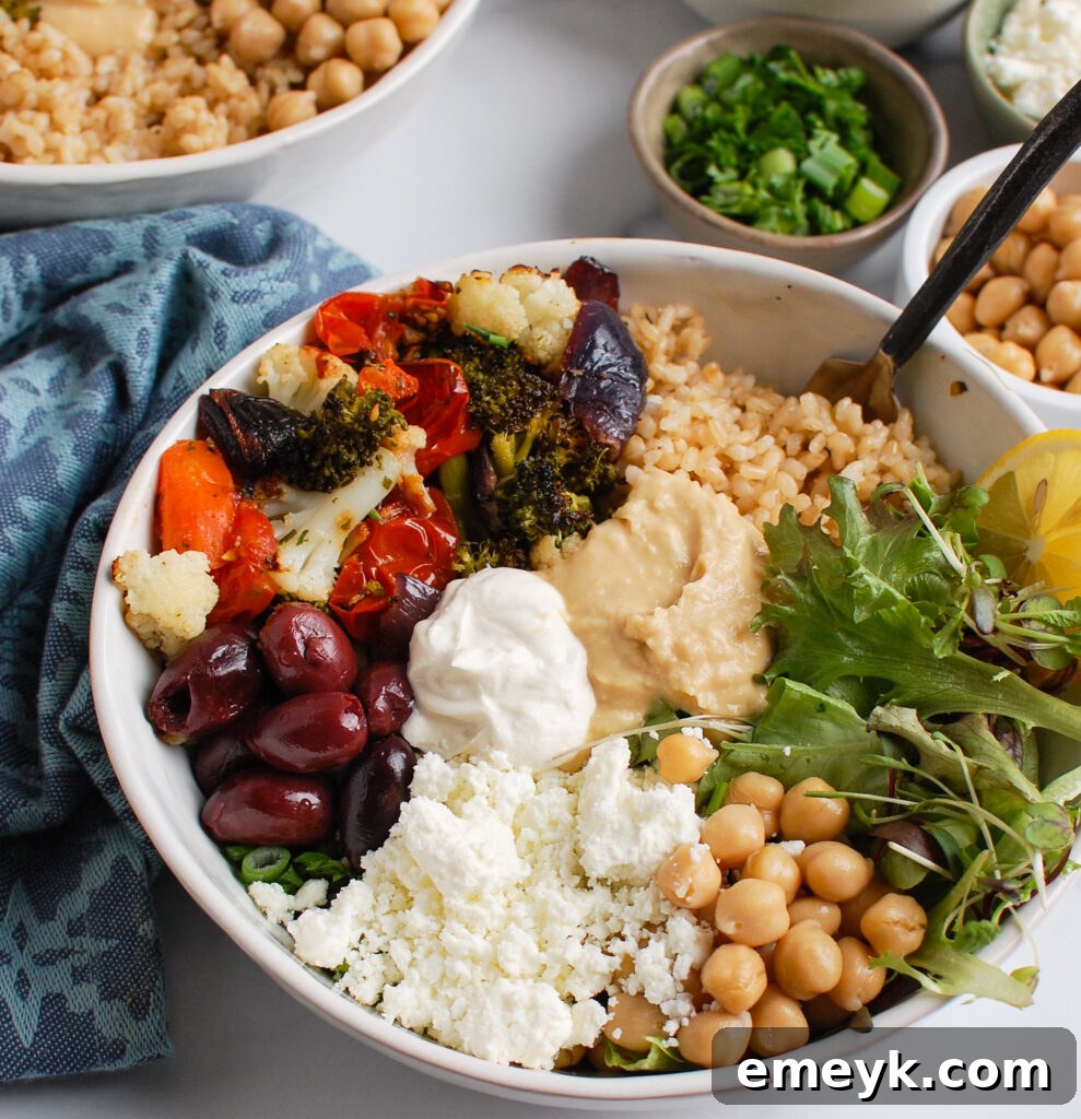 Mediterranean Buddha Bowl with feta cheese topping