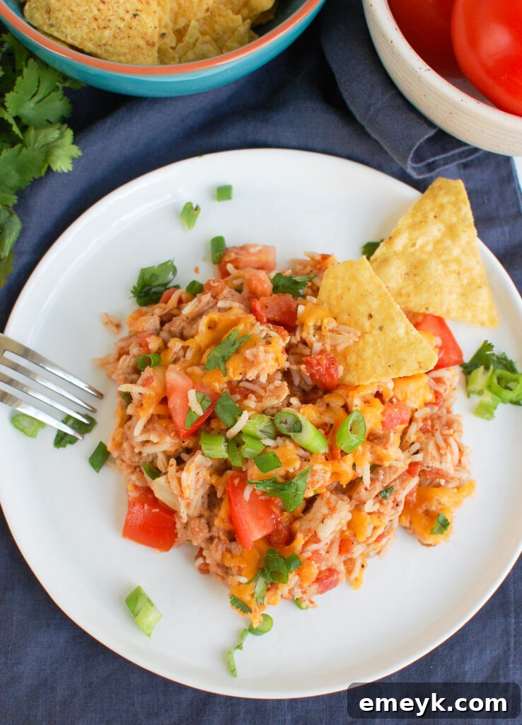 A close-up of Mexican Chicken Casserole garnished with fresh green onions and cilantro on a white plate.
