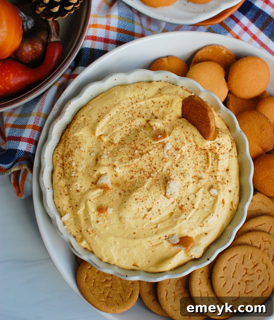 A serving bowl of Pumpkin Dip with graham crackers ready for dipping, highlighting a perfect fall snack