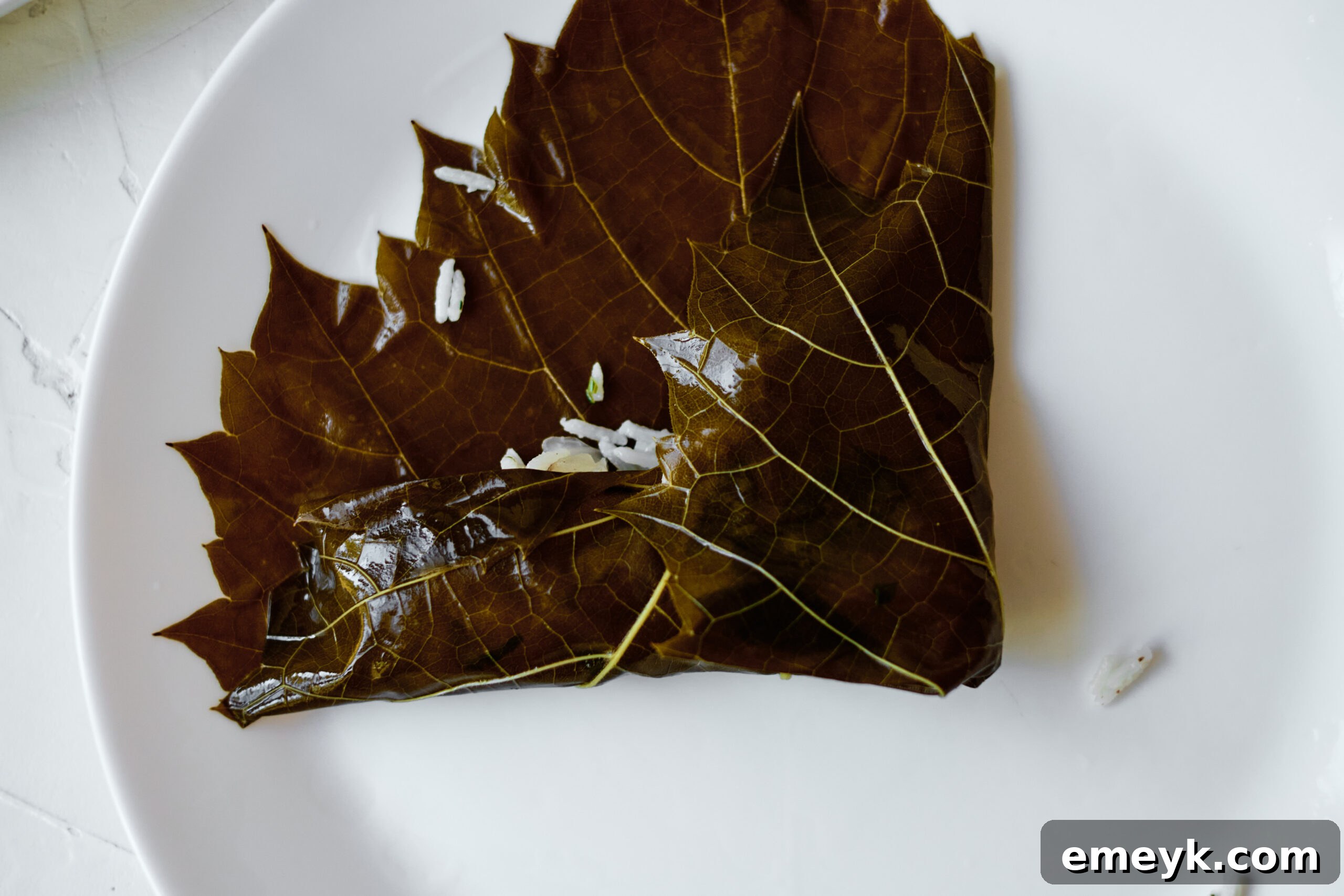 Effortless Homemade Dolma 5 A grape leaf being rolled, showing the initial fold of the bottom edge over the rice filling.
