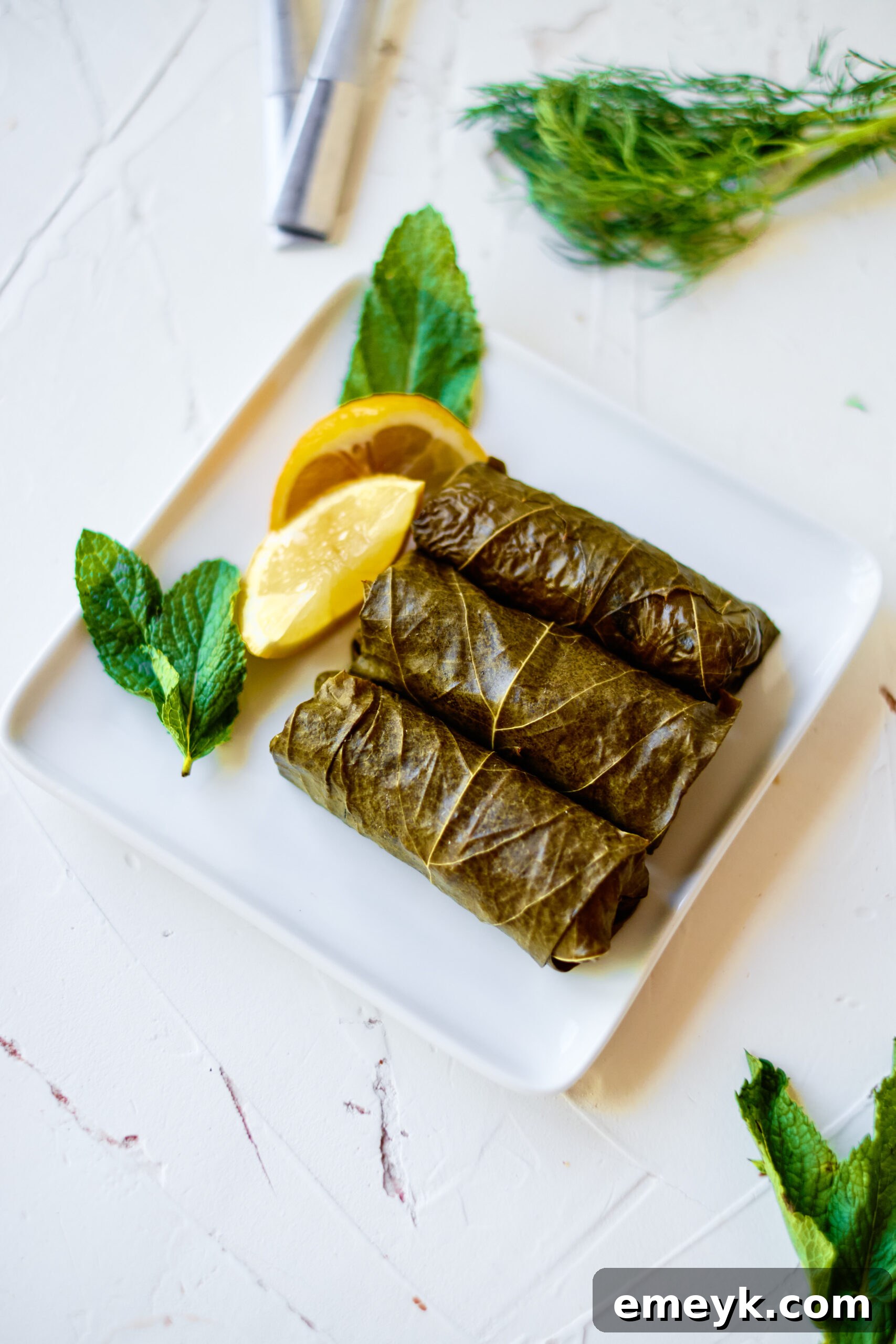 Effortless Homemade Dolma 8 A serving of stuffed grape leaves, garnished with fresh lemon wedges, highlighting their fresh and tangy appeal.