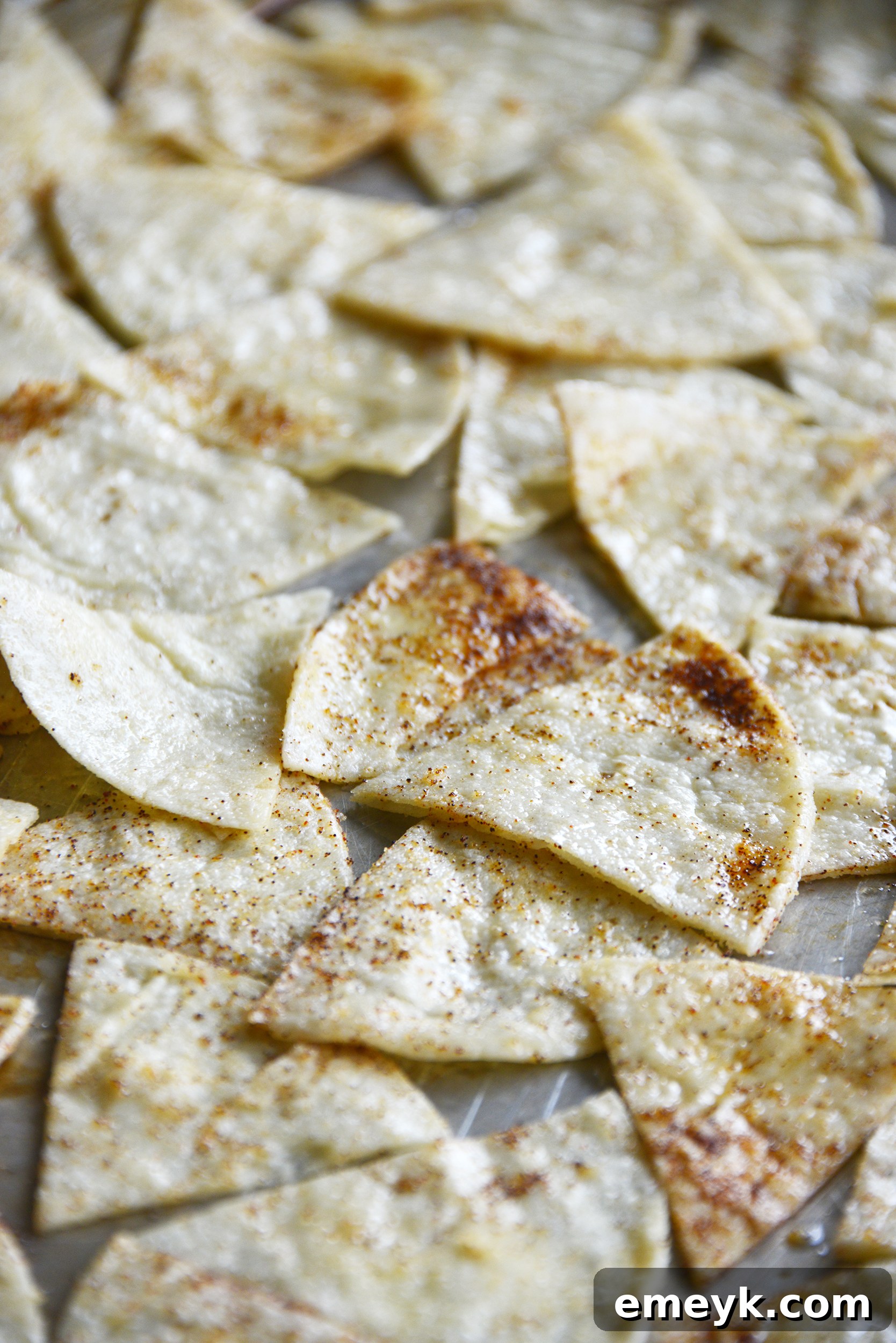 Seasoned tortilla wedges neatly spread in a single layer on a baking sheet, ready for the oven.