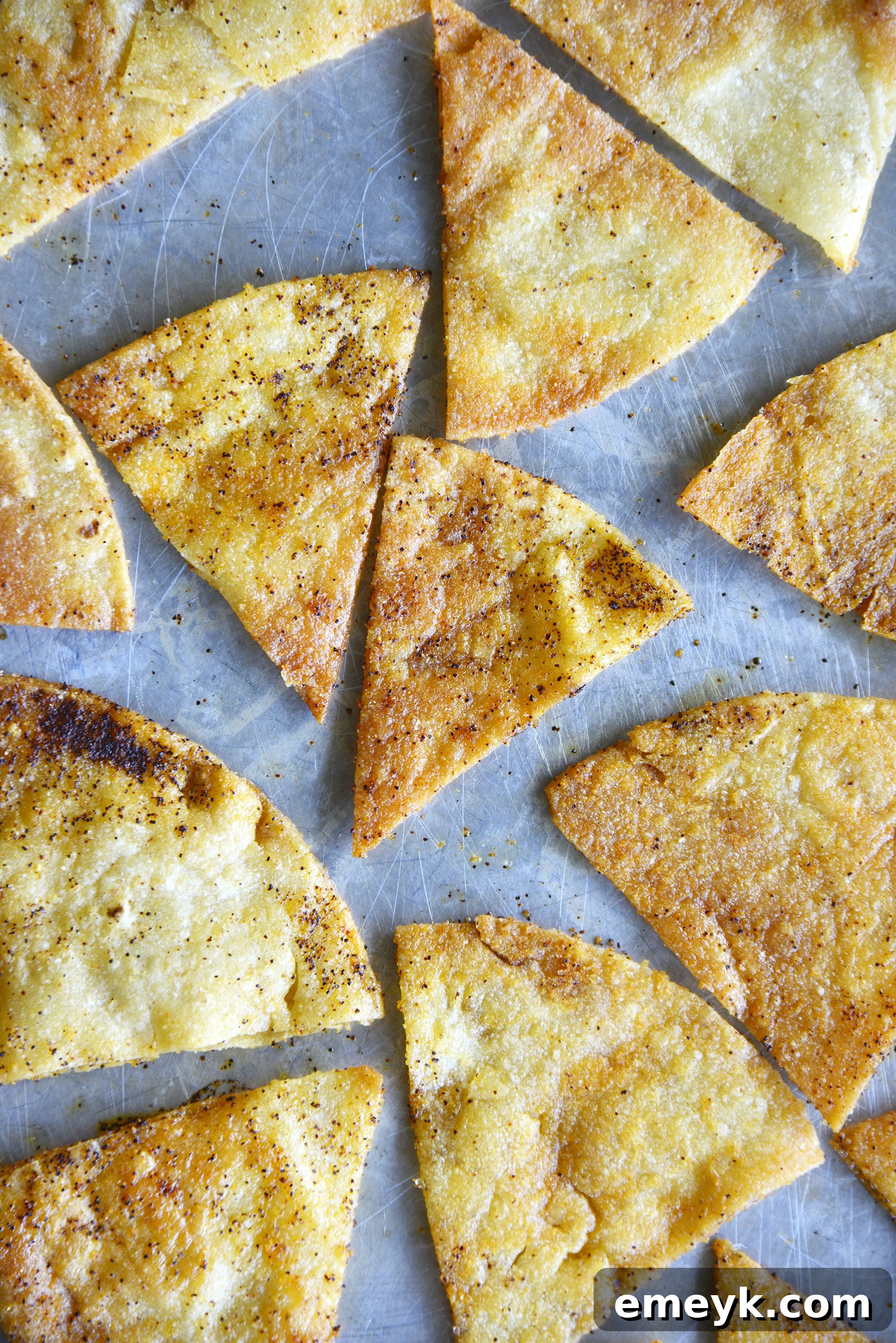 A batch of golden brown and perfectly crispy homemade tortilla chips cooling on a baking sheet, glistening with seasoning.
