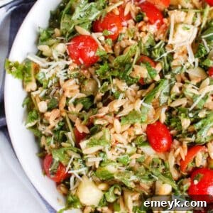 Tomato Feta Orzo Salad ready to serve, overhead shot