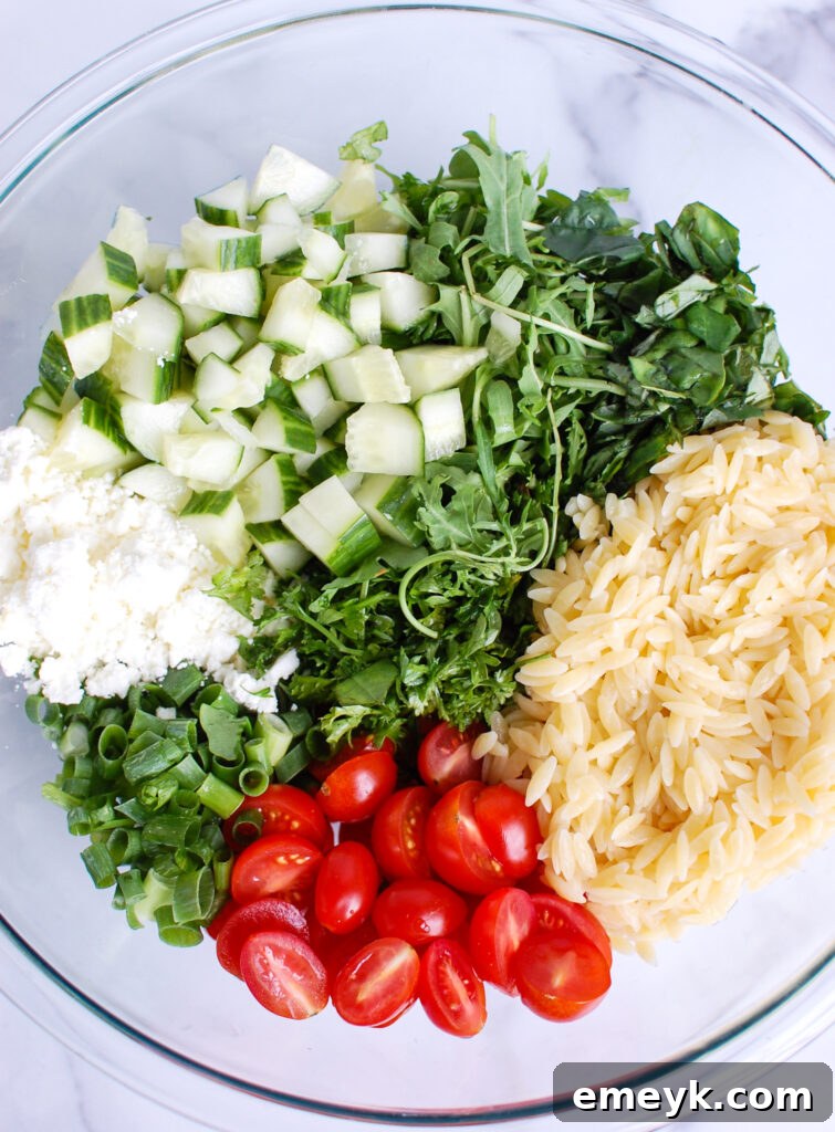 An organized display of fresh ingredients for Tomato Feta Orzo Salad: uncooked orzo, a bowl of cherry tomatoes, diced cucumber, fresh herbs, and crumbled feta cheese.