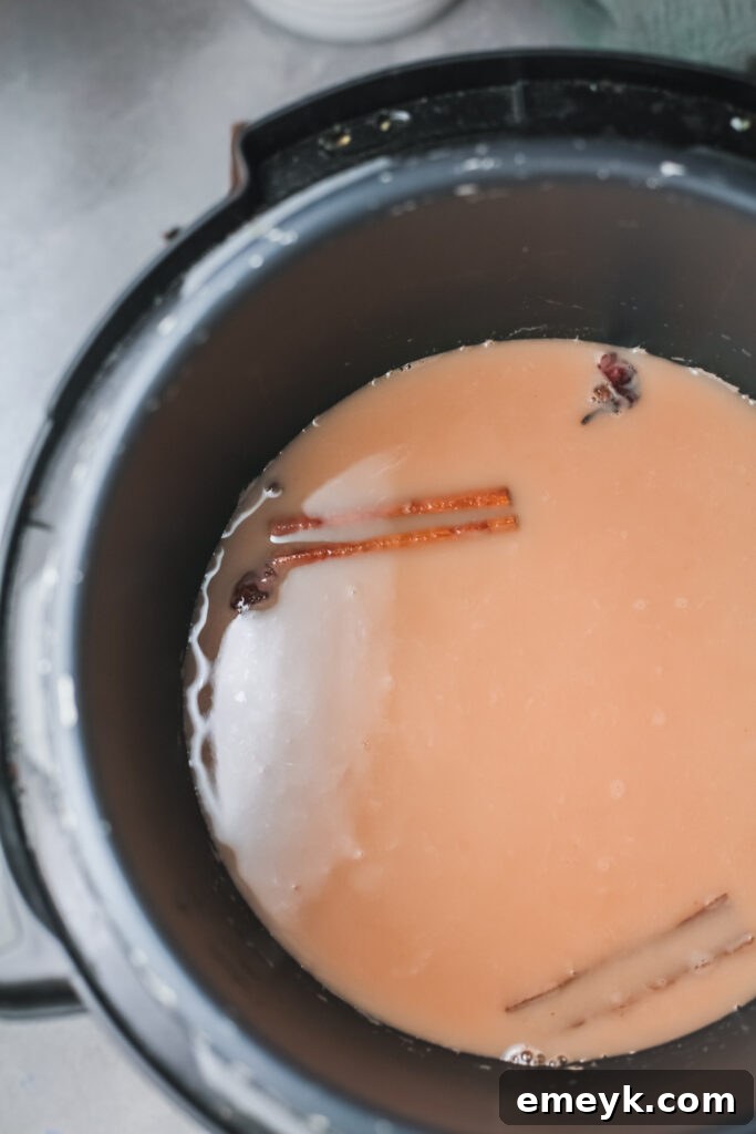 Instant Pot Spiced Chai Latte 7 A freshly made Instant Pot Chai Tea Latte, creamy and frothy, ready to be served from the pressure cooker.