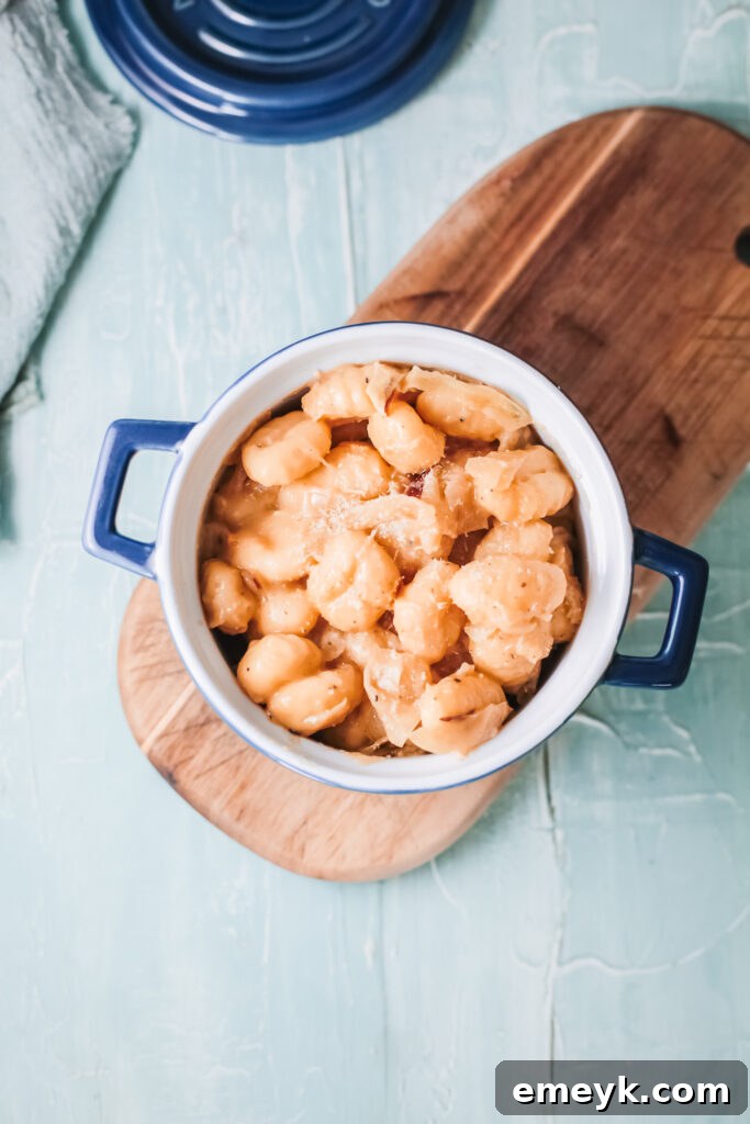 An overhead view of One Pot French Onion Gnocchi, showcasing the rich sauce, tender gnocchi, and melted cheese, ready to be served.