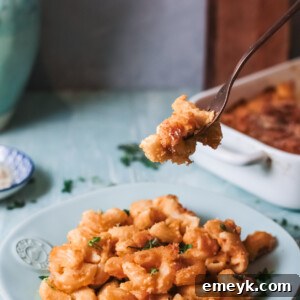 Pumpkin Mac and Cheese with fork, smaller image for recipe card.