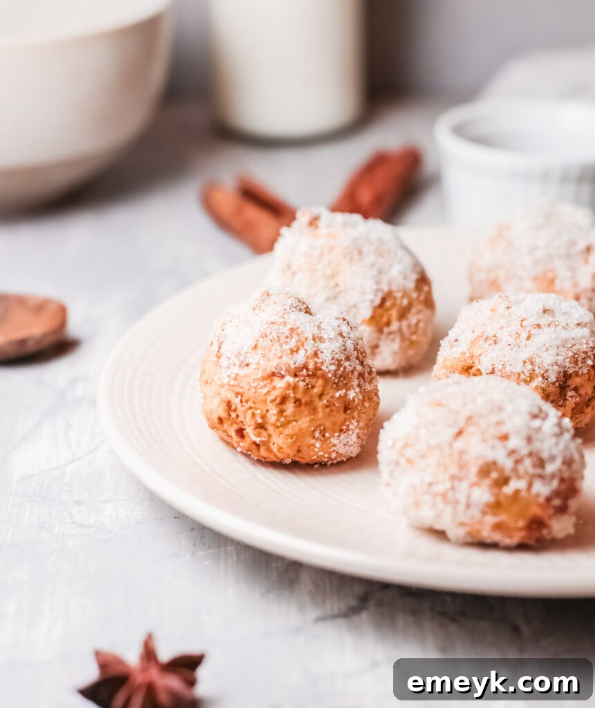 Air Fryer Pumpkin Donut Holes on a white plate, coated in cinnamon sugar, ready to be enjoyed.
