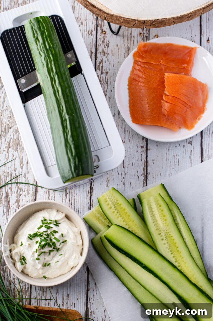 Individual ingredients laid out for Smoked Salmon Cucumber Appetizer Bites