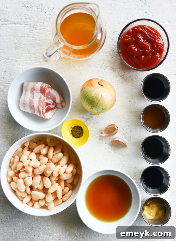 Assorted ingredients for Easy Bacon Baked Beans, including beans, bacon, and sauces.